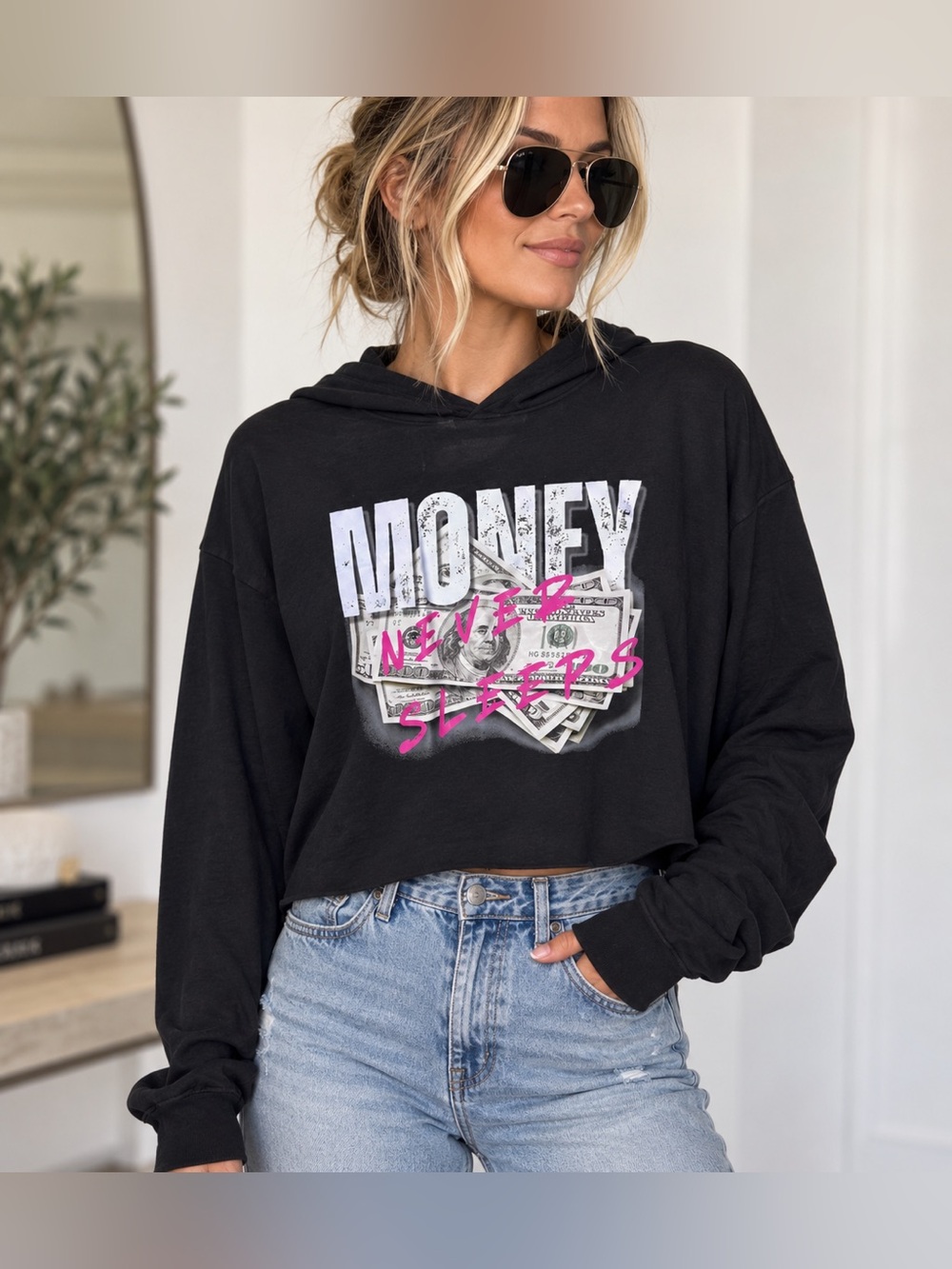 Black Graphic cropped Hoodie with Money Print XL NEW